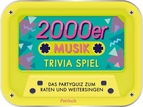 „2000er Musik Trivia Spiel – Das Partyquiz zum Raten und Weitersingen“. Bunte 90er Jahre Grafik, pink und gelb.