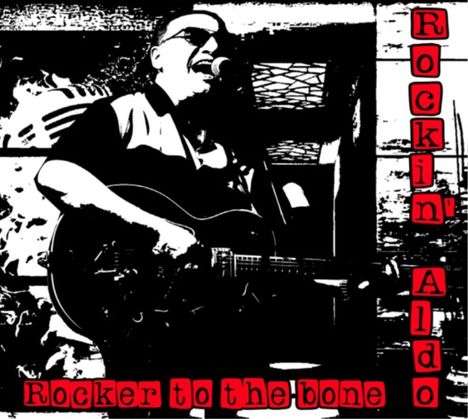 "Rockin' Aldo" und "Rocker to the bone". Schwarz-weiße Illustration eines Mannes mit Gitarre und Mikrofon.