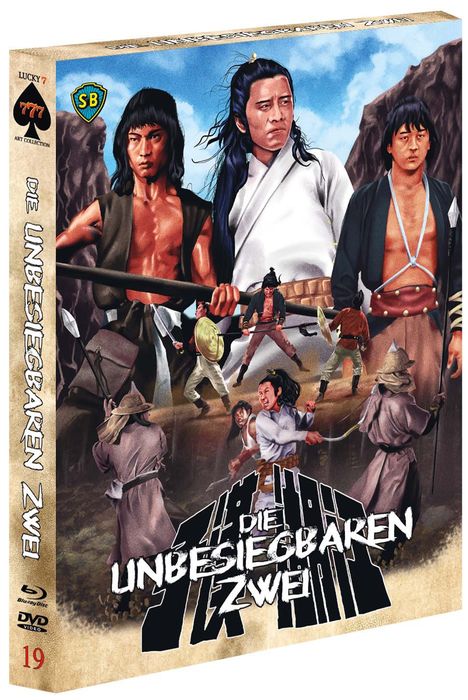 "Die Unbesiegbaren Zwei" in großer Schrift. Drei Männer in kämpferischen Posen, Krieger in traditioneller Kleidung.