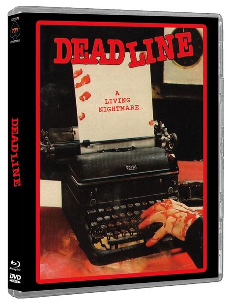 Text in roter Schrift: "DEADLINE". Darunter Papier mit "A LIVING NIGHTMARE..." Eine Schreibmaschine mit blutigen Händen. DVD-Hülle.