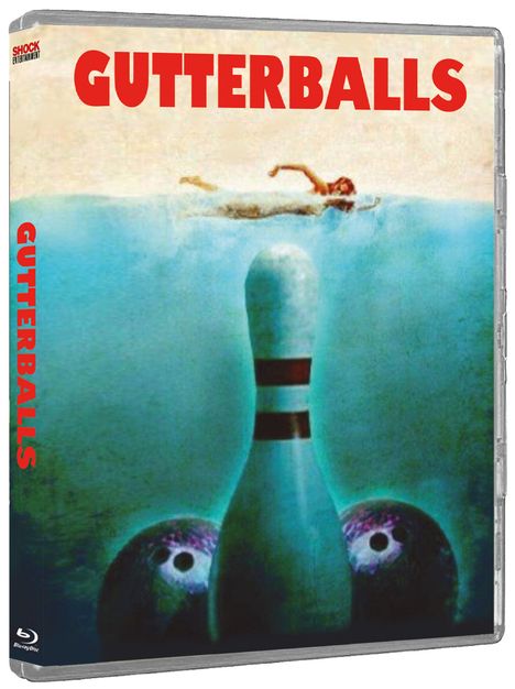 "GUTTERBALLS" steht in roten Buchstaben. Illustration: Schwimmer über Wasser, Bowlingkegel und zwei Kugeln darunter.