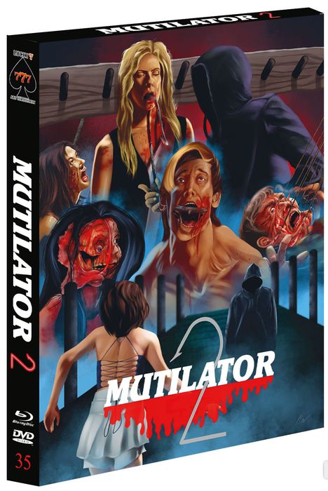 "MUTILATOR 2" steht in blutiger Schrift. Grausames Gemälde mit verstümmelten Menschen und einer düsteren Gestalt.