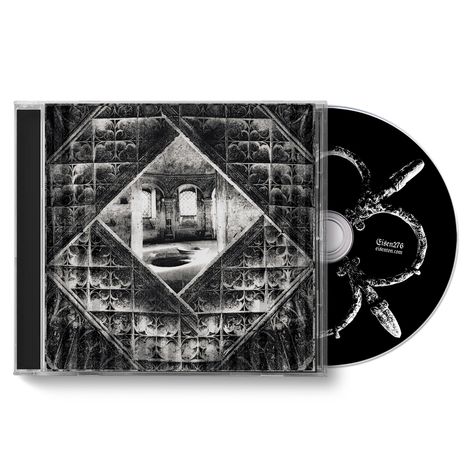 CD mit geometrischem Muster, Innenansicht eines Raumes in Schwarzweiß, Text auf der CD: "Eisen276" und "eisenton.com".