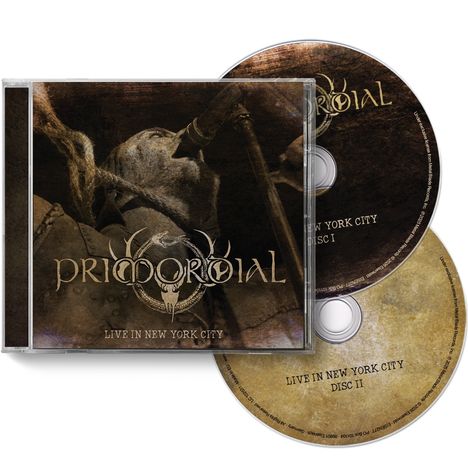 Text: "Primordial Live in New York City Disc I" und "Disc II". Cover zeigt Sänger mit Mikrofon in sepiafarbenem Ton.
