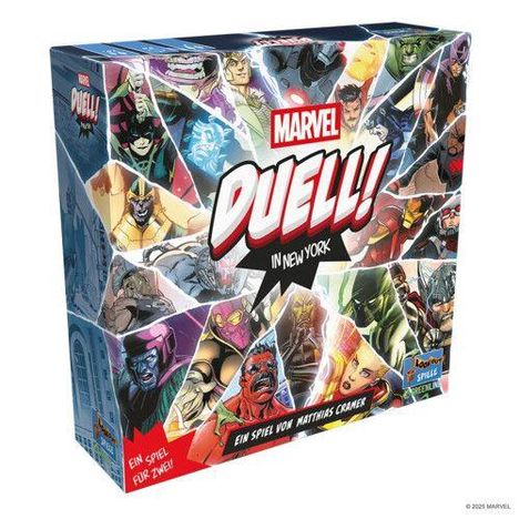 "Marvel Duell! In New York", "Ein Spiel für zwei!", "Ein Spiel von Matthias Cramer". Helden und Schurken auf Kartenspielbox.