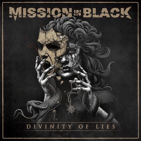 "MISSION IN BLACK" und "DIVINITY OF LIES". Eine Illustration zeigt eine maskierte Figur mit einer Schlange.