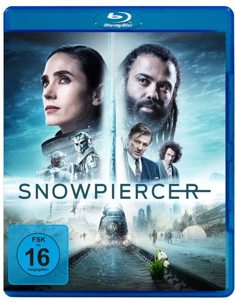 „Snowpiercer“ steht groß in der Mitte, darüber Gesichter, unten ein Zug auf Gleisen, links ein „FSK 16“ Zeichen.
