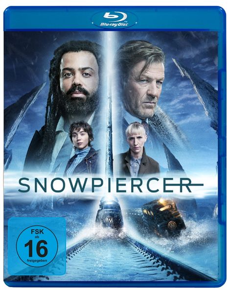 Text: "Snowpiercer", "FSK ab 16 freigegeben". Ein Zug rast durch eine verschneite Landschaft. Gesichter mehrerer Personen.