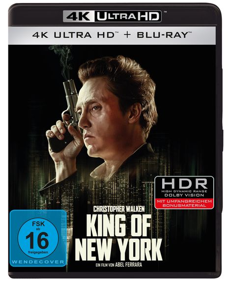 "King of New York" 4K Ultra HD + Blu-ray Cover, zeigt Christopher Walken mit Waffe, HDR Hinweis, FSK 16.