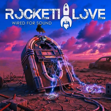 Text: "ROCKETT LOVE WIRED FOR SOUND". 

Eine Jukebox mit Kabeln und Blitzen in einer verlassenen, stürmischen Landschaft.