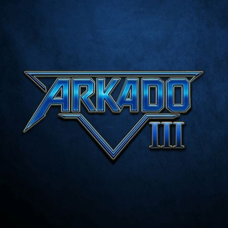 „ARKADO III“ in blauer metallic Schrift vor dunkelblauem Hintergrund, isometrisch und teils dreieckiges Design.