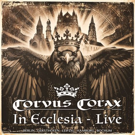 Text: "Corvus Corax In Ecclesia - Live" und Städtenamen. Eine Illustration mit Krähengestalt und Kirchenhintergrund.