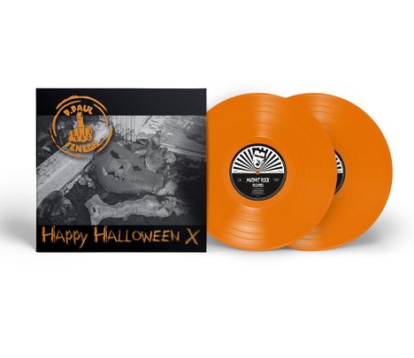 "Happy Halloween X", Schallplattencover mit Kürbisfoto, zwei orangene Vinyl-Schallplatten, "Mutant Rock Records" Label.