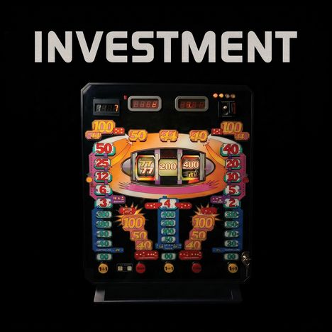 Der Text "INVESTMENT" steht oben. Eine bunte Spielautomatenfront mit Zahlen und Lichtern ist zu sehen.
