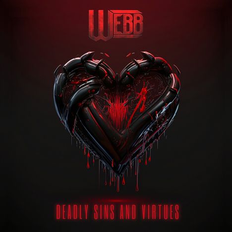 "DEADLY SINS AND VIRTUES" in roter Schrift. Ein düsteres, metallisches Herz mit blutroten Akzenten und Tropfen.