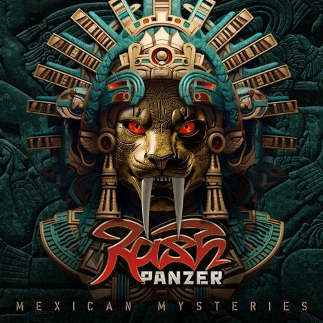 „Rush Panzer: Mexican Mysteries“. Aztekische Statue mit Jaguarkopf, roten Augen und monumentaler Krone.