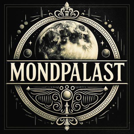 „Mondpalast“ steht in großen Lettern unter einem detaillierten, antiken Mondmotiv. Verziert mit floralen Elementen.