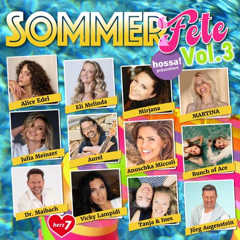 Text: "SOMMER Fete Vol. 3", "hossa! präsentiert", Namen von Künstler*innen. Bunte, sommerliche Hintergründe.