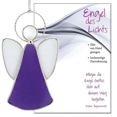 „Engel des Lichts. Glas von Hand gezogen; hochwertige Zinnrahmung. Mögen die Engel Gottes dich begleiten.“ Darstellung eines Engels aus Glas.