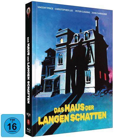 "Das Haus der langen Schatten" steht groß in Gelb. Ein altes Herrenhaus im düsteren Stil mit einer langen Silhouette davor. FSK 16.