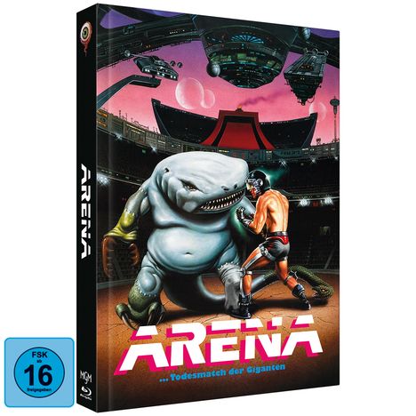 Text: "ARENA" ...Todesmatch der Giganten. Illustration: Mensch kämpft gegen kreaturähnliches Wesen in futuristischer Arena.