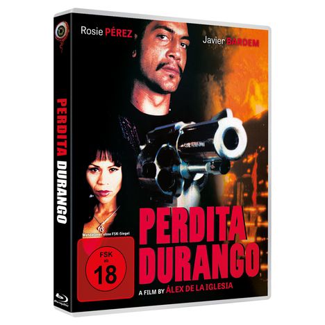"Perdita Durango" in großen roten Buchstaben, FSK ab 18. Oben stehen die Namen Rosie Pérez und Javier Bardem. Darunter ein großer Revolver.