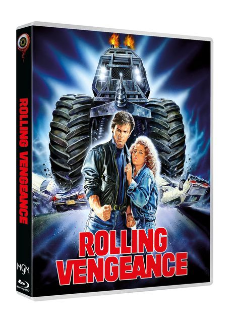„Rolling Vengeance“ steht groß in Rot. Illustration: Riesiges Monstertruck-Fahrzeug, Flammen, Mann und Frau im Vordergrund.