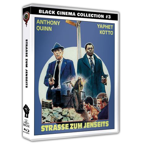 "STRASSE ZUM JENSEITS" unten, "ANTHONY QUINN" und "YAPHET KOTTO" oben. Zwei Männer in Anzügen mit Waffen.