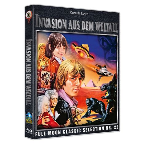 Text: "Invasion aus dem Weltall", "Charles Bands", "Full Moon Classic Selection Nr. 23". Illustration mit Figuren, UFOs, Aliens.