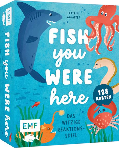 „Fish you were here“, „128 Karten“, „Das witzige Reaktionsspiel“. Illustration: Hai, Oktopus, Muräne, Krabbe.