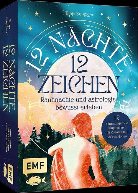 "12 Nächte, 12 Zeichen. Rauhnächte und Astrologie bewusst erleben." Illustration einer Person vor Wald und Sternenhimmel.