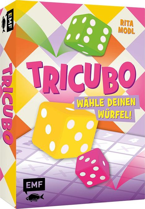 "TRICUBO, WÄHLE DEINEN WÜRFEL!" von Rita Modl. Farbige Würfel und ein Rautenmuster. EMF-Logo mit Fischsymbol.
