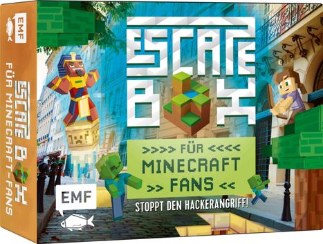"Escape Box für Minecraft Fans. Stoppt den Hackerangriff!" Pixelartige Figuren in städtischer Umgebung und grüner Box.