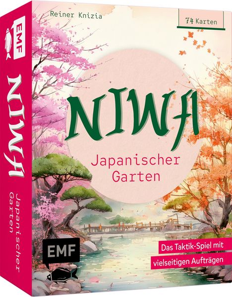 "Reiner Knizia, 74 Karten. NIWA, Japanischer Garten. Das Taktik-Spiel mit vielseitigen Aufträgen. Illustration eines Gartens."