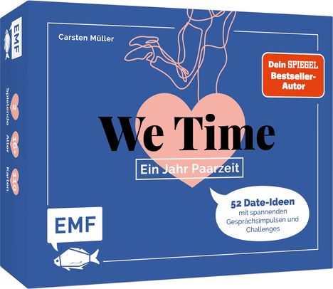 Cover mit "We Time Ein Jahr Paarzeit". Ein Herz, Zeichnung von Händen. 52 Date-Ideen. Blau mit weißem Fisch-Logo.