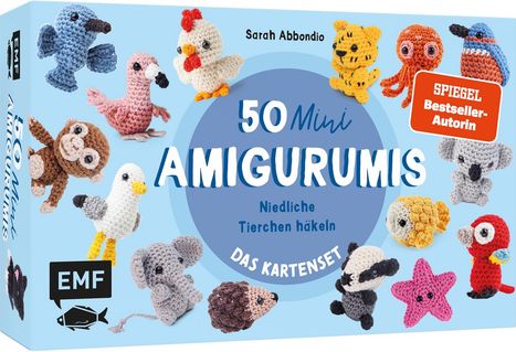 "50 Mini Amigurumis: Niedliche Tierchen häkeln." Illustrationen von gehäkelten Tieren auf hellblauem Hintergrund.