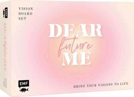 Text: "DEAR future ME" in großen Buchstaben auf rosa Hintergrund, mit "VISION BOARD SET" und "BRING YOUR VISIONS TO LIFE". Links ein Fisch-Logo.