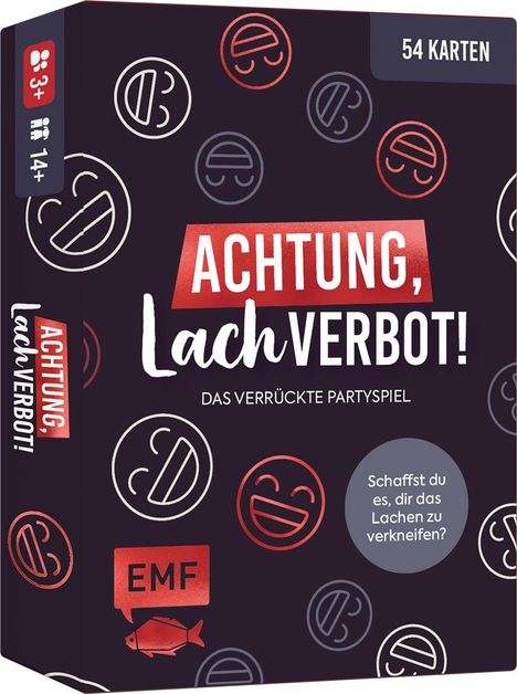 "Achtung, Lachverbot! Das verrückte Partyspiel. 54 Karten. Schaffst du es, dir das Lachen zu verkneifen? Logo mit Fisch."