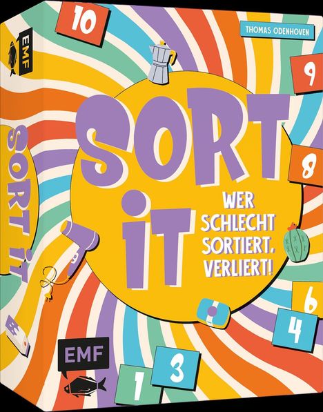 "Sort it: Wer schlecht sortiert, verliert!" steht auf einem bunten, spiralförmigen Design mit Zahlen und Gegenständen.