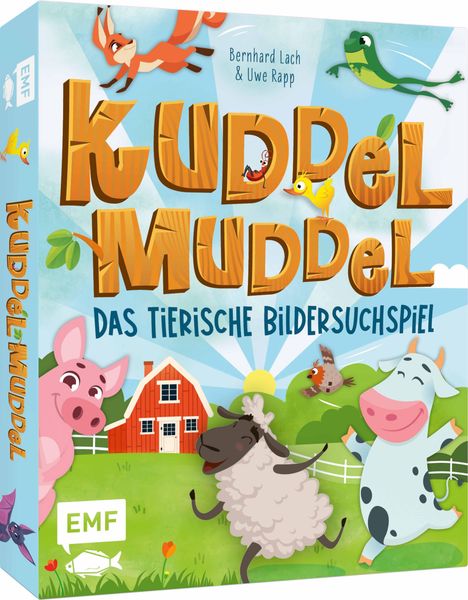 "Kuddel Muddel: Das tierische Bildersuchspiel" zeigt ein Bauernhofmotiv mit tanzenden Tieren und fröhlichem Design.