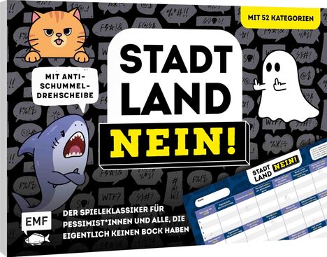 Cover mit "STADT LAND NEIN!", Katze, Hai, Geist, humorvoller Text, Spielbrett-Ecke.