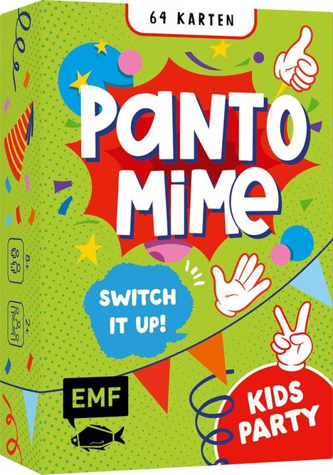 "64 Karten, Pantomime, Switch it up!, Kids Party, +8, 2+, EMF" auf buntem, spielerischem Hintergrund.