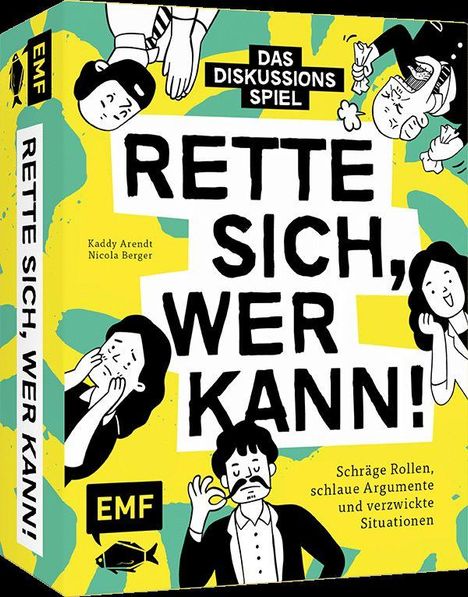 "RETTE SICH, WER KANN! DAS DISKUSSIONSSPIEL" steht auf einem gelben Hintergrund mit gezeichneten Figuren, die erstaunt wirken.