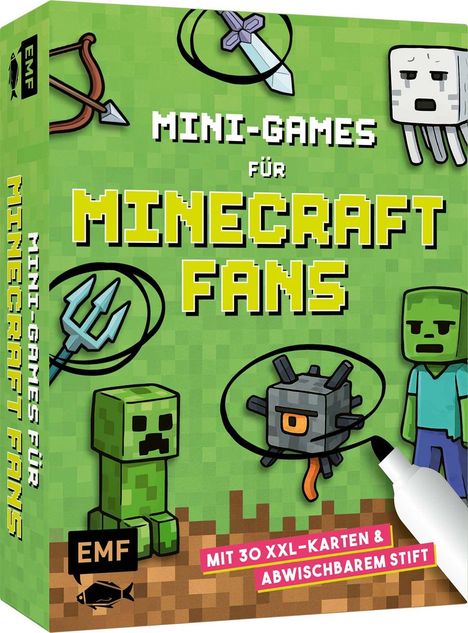 Titel: Mini-Games für Minecraft Fans. Illustration: Minecraft-Figuren und Gegenstände auf grünem Hintergrund.