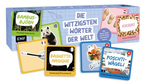 "Die witzigsten Wörter der Welt", "Bambus-Björn", "Kikiriki", "Baguette Magique", "Poschti-Wägeli". Illustration eines Spiels.