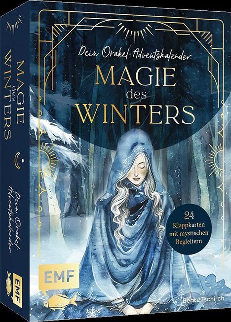 "Dein Orakel-Adventskalender. MAGIE des WINTERS. 24 Klappkarten mit mystischen Begleitern." Illustration einer Frau im Winterwald.