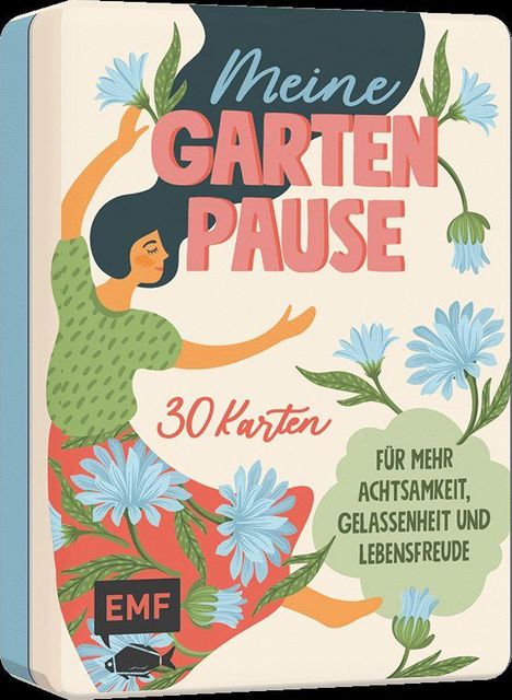 Texte: "Meine Gartenpause", "30 Karten", "Für mehr Achtsamkeit, Gelassenheit und Lebensfreude". Illustration: Frau mit Blumen.