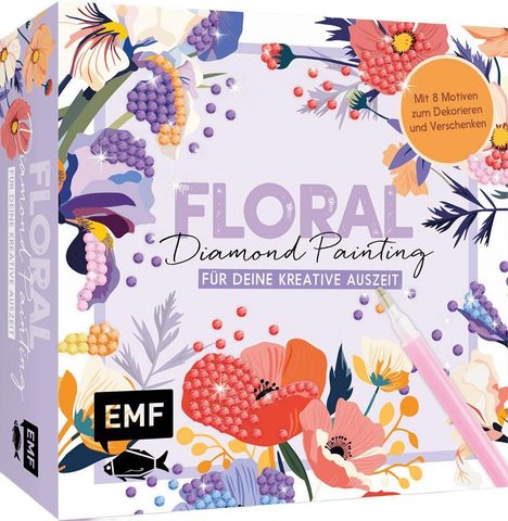 "Floral Diamond Painting – Für deine kreative Auszeit." Bunte Blumen und Glitzersteine, Verpackung in Pastellfarben.