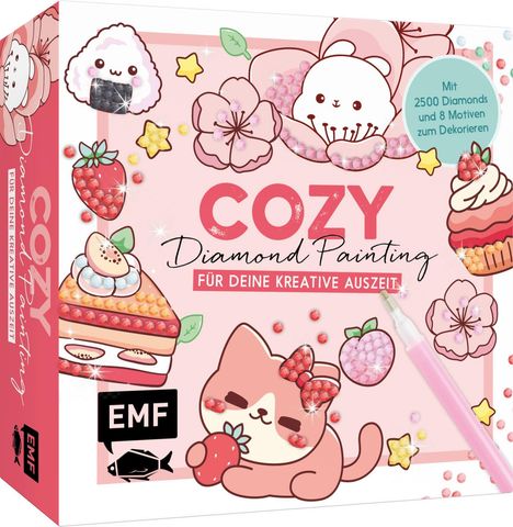 "Mit 2500 Diamonds und 8 Motiven zum Dekorieren." Illustration: Niedliche Tiere, Blumen, Erdbeeren, Kuchen, Logo unten.