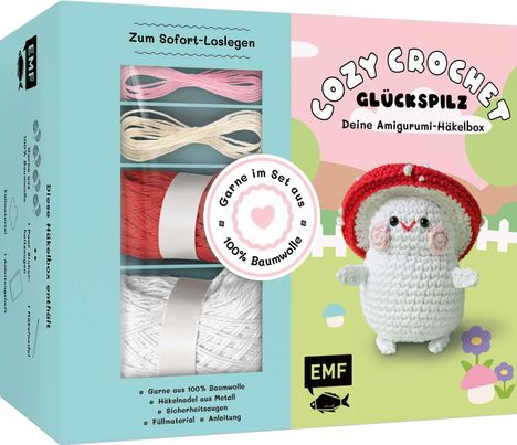 Zum Sofort-Loslegen: Cozy Crochet Glückspilz, Deine Amigurumi-Häkelbox. Illustration eines gehäkelten Pilzes.